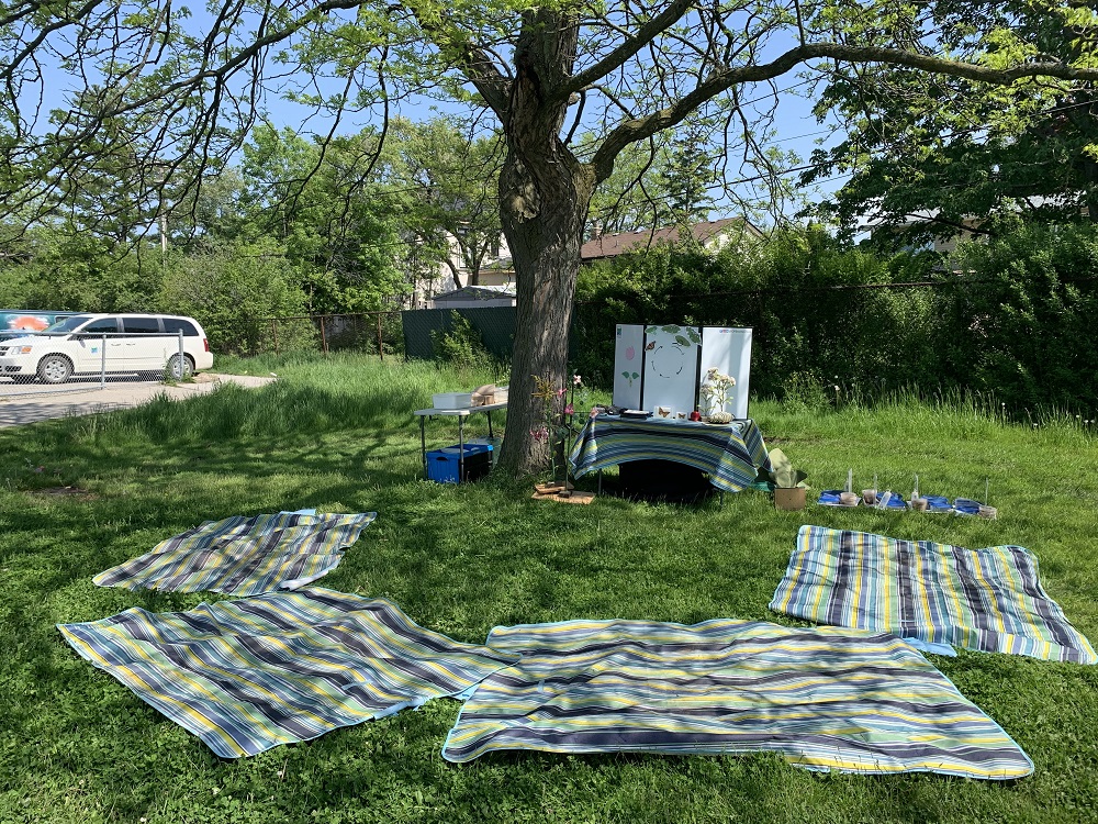 blankets laid out on grass in front of presentation