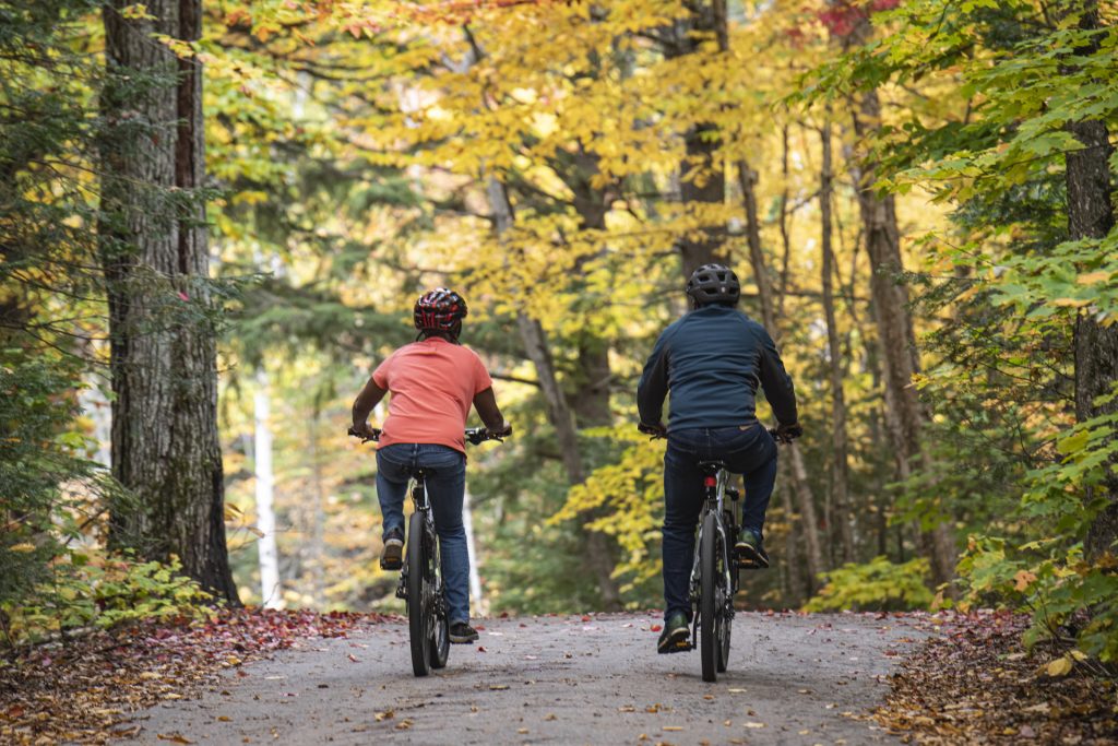 couple cycling on park road with fall colours