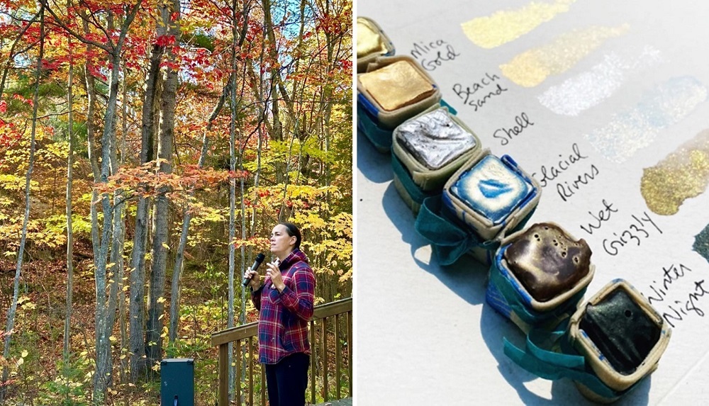 collage of woman presenting outdoors, paints