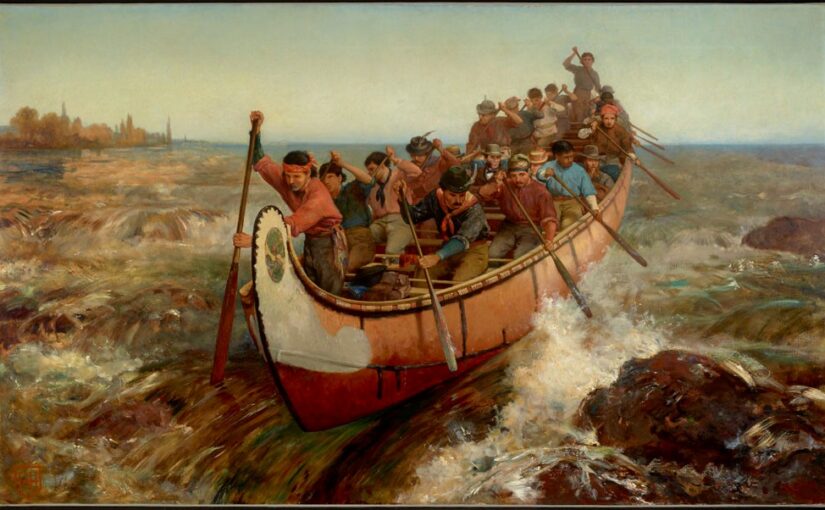 painting of voyageurs paddling through rapids