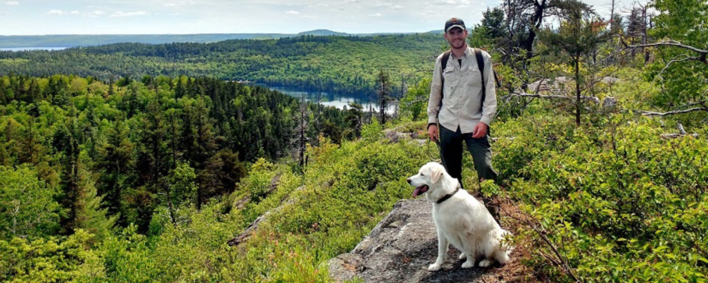 A person with their dog on a leash, standing at a trail lookout over a green forest on a sunny day
