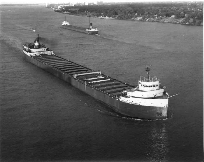 A black-and-white vintage photo of the Edmund Fitzgerald sailing in a body of water