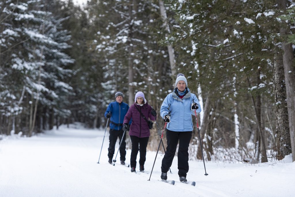 three skiers on snowy trail
