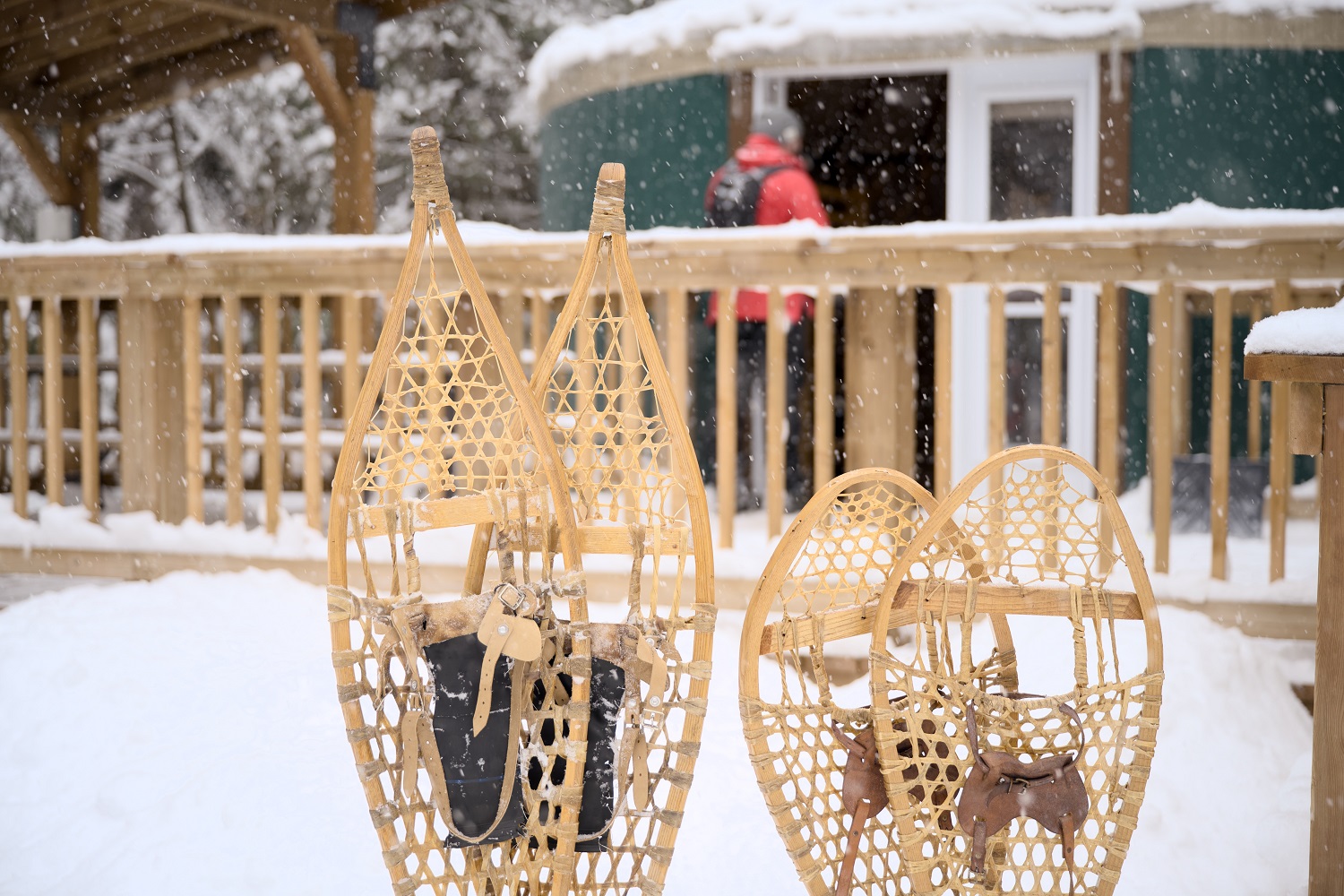 Snowshoes outside yurt