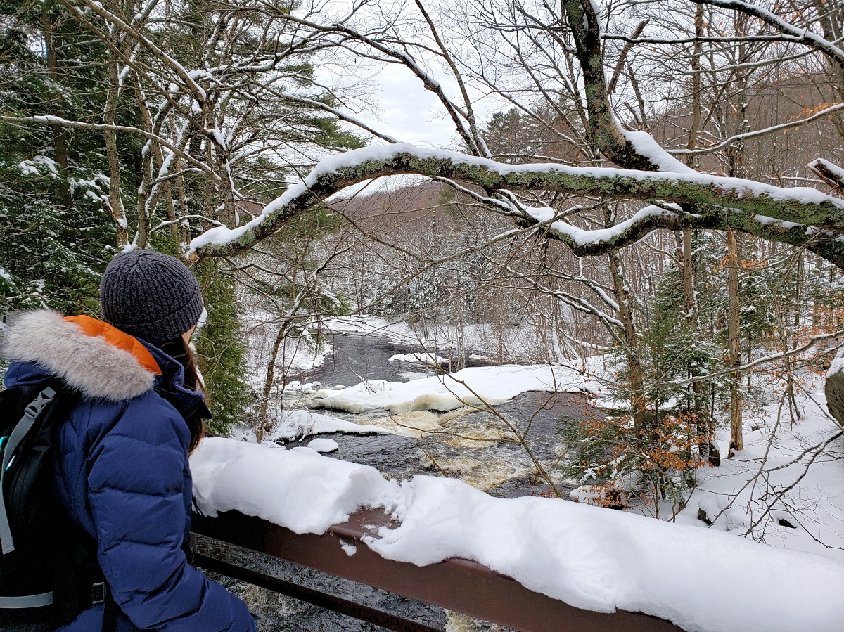 Person standing on a bridge over a river in winter