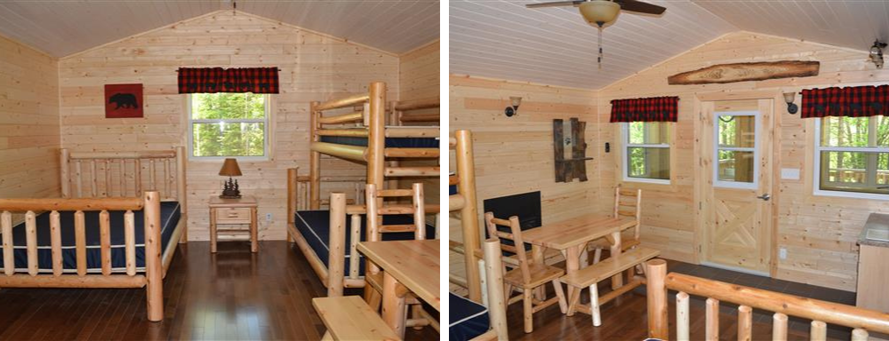 left: interior of small cabin, bunkbed and queen bed. Right: interior of small wood cabin, kitchen table and small fireplace