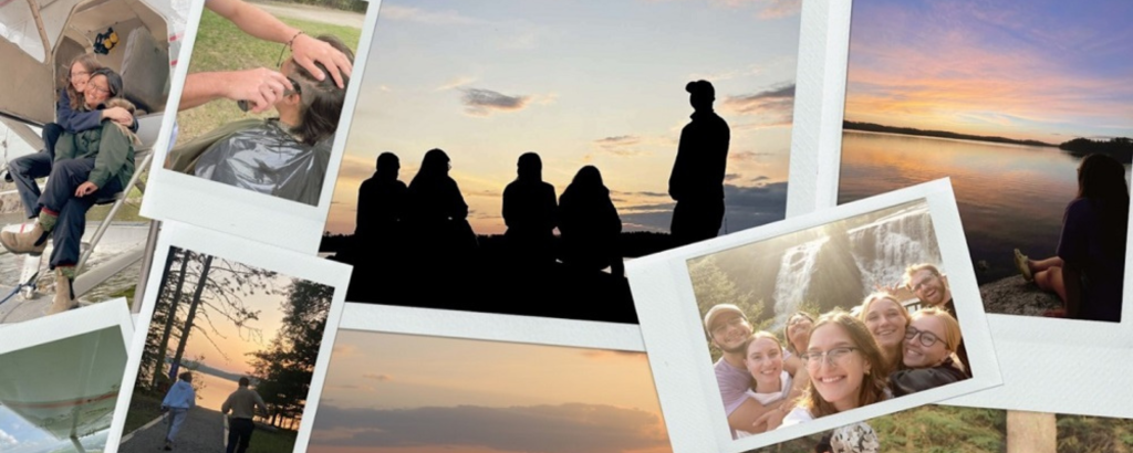 Collage of polaroid-style photos of friends hanging out in Quetico Provincial Park
