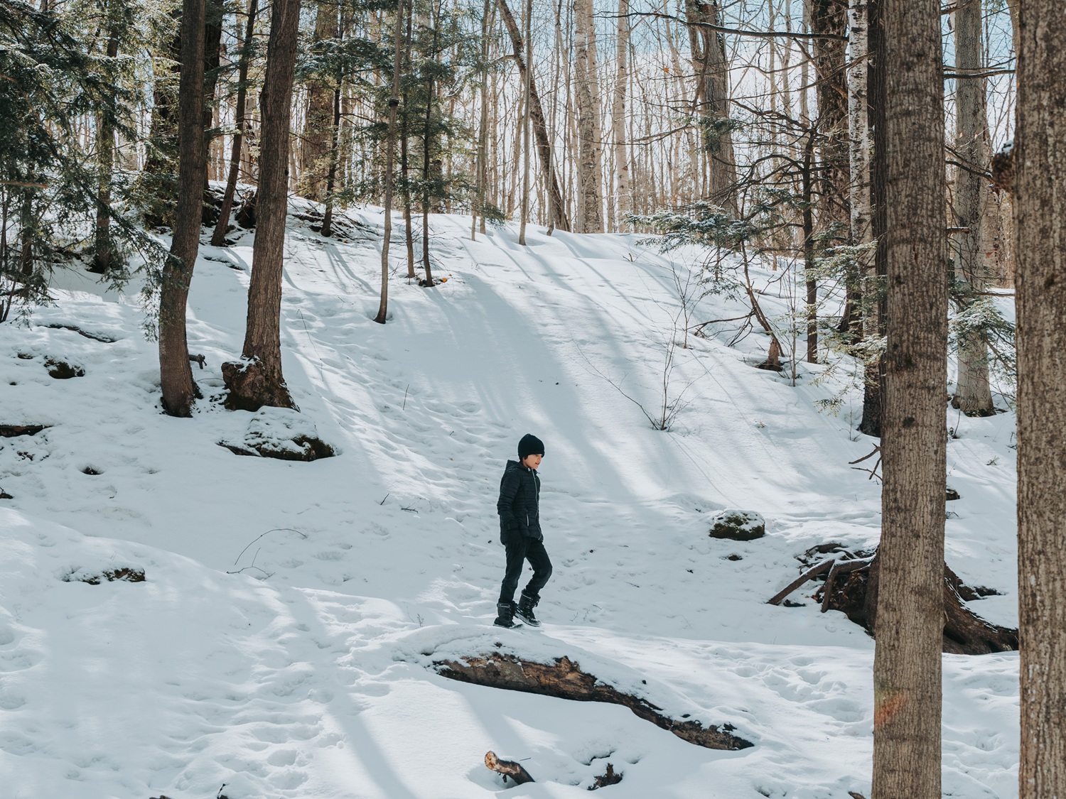 Child hiking in snowy forest