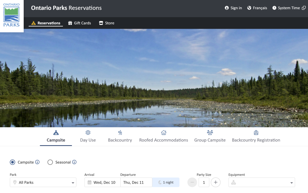 screenshot of the Ontario Parks reservation webpage