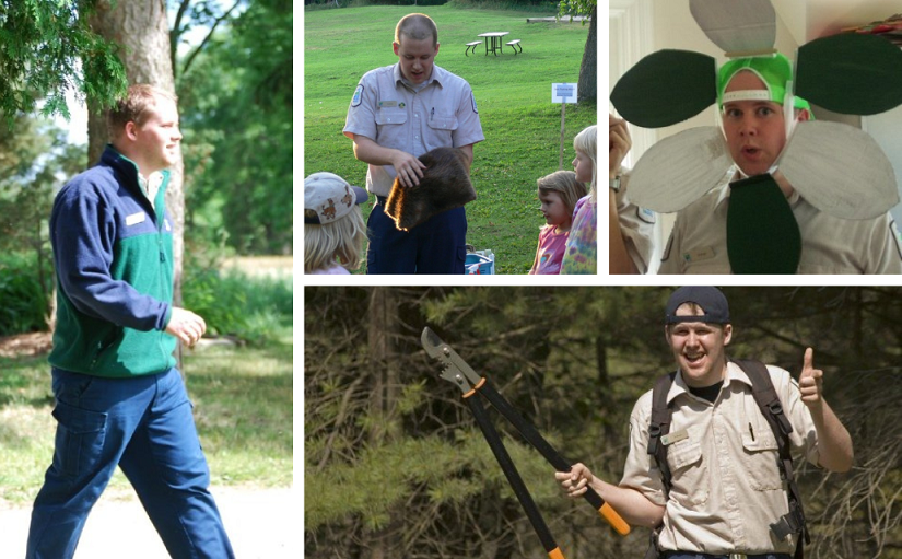 A collage of four photos of Adrian at work as a Discovery ranger