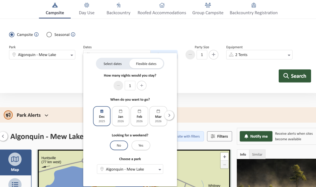A screencap showing the "flexible dates" menu dropping down from the "Dates" field in the reservations webpage