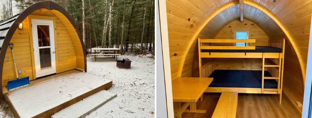 Wooden camping structures with curved roofs