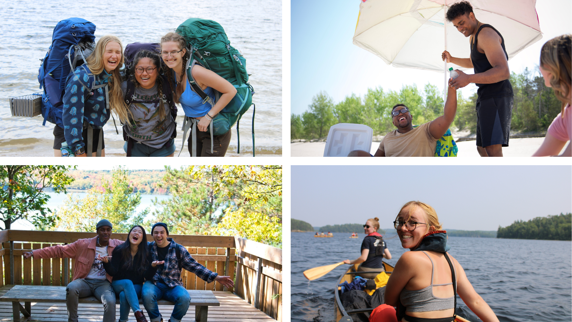 A collage of four images. Top left: three park staff wearing backpacks and laughing on a sandy beach in front of a lake. Top right: three people sitting at the beach; one hands a bottle of water to the other. Bottom left: three people smiling and sitting on a bench at a lookout showing fall colours. Bottom right: Two park staff members in a canoe on a lake; the closest one turns her head to smile into the camera.