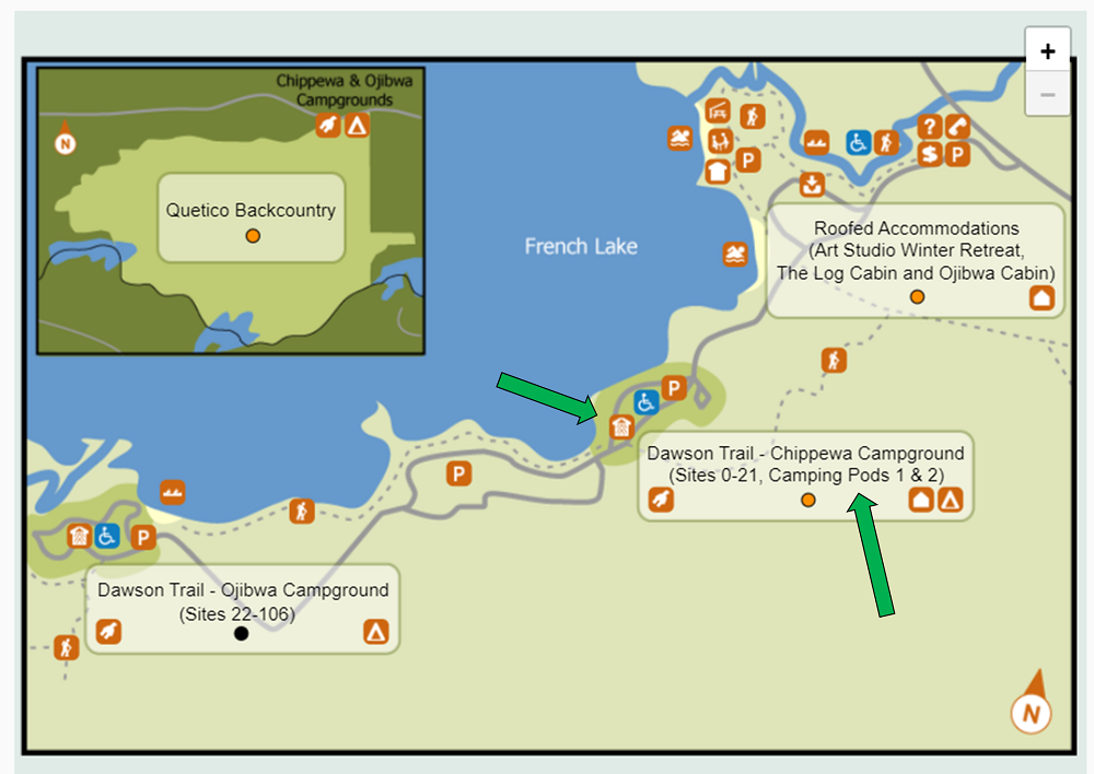 online reservations map with arrows pointing towards the camping pods