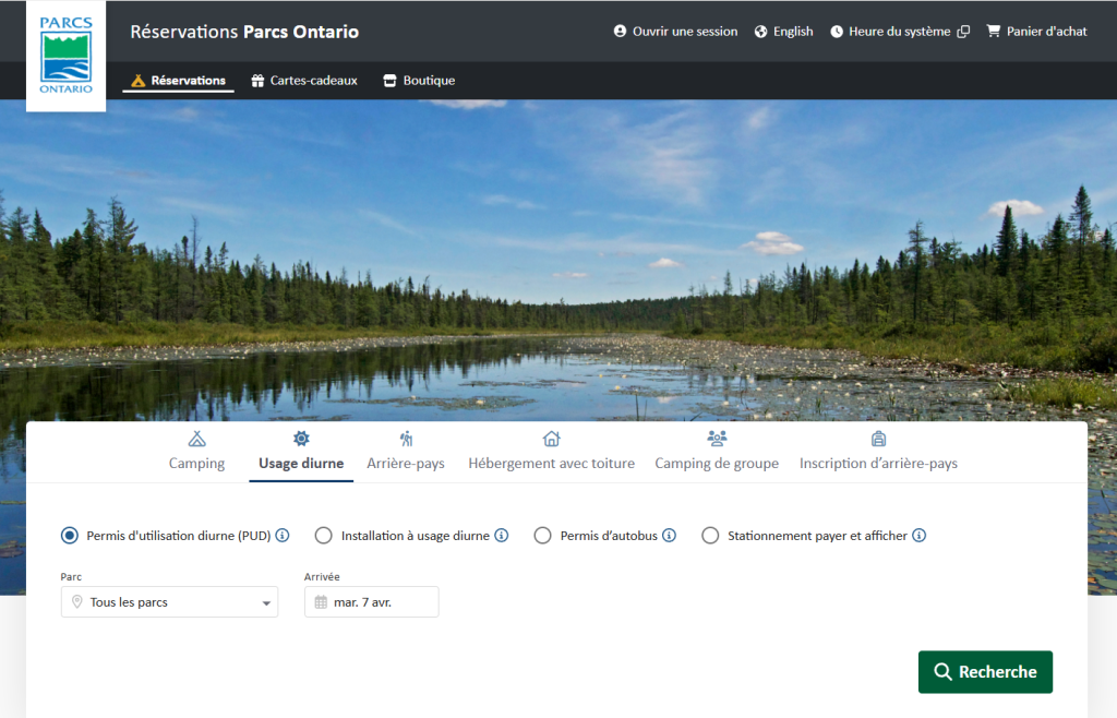 Page Web des réservations de Parcs Ontario