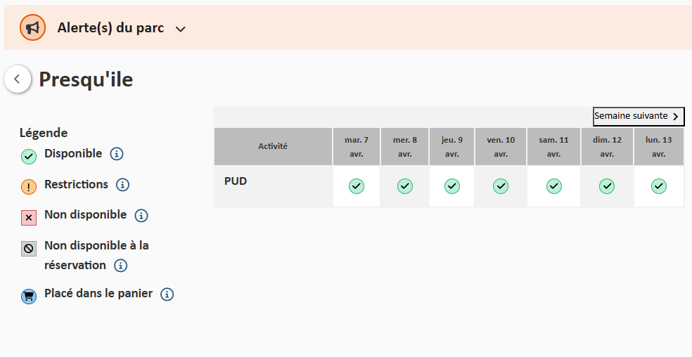 Calendrier de réservation des permis quotidiens de véhicule du parc provincial Presqu’ile