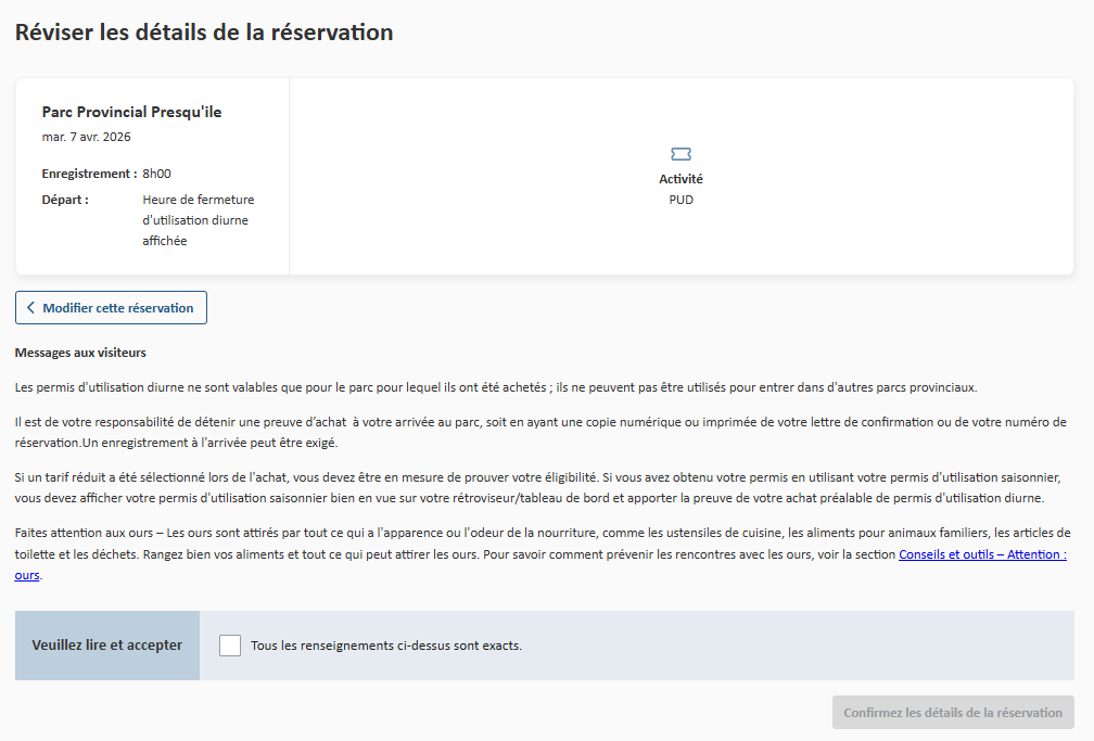 Écran des détails de la réservation