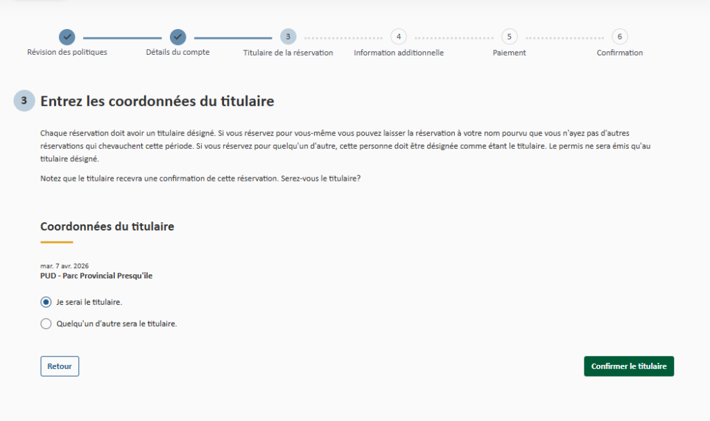 Écran des renseignements sur l’occupant du processus de réservation