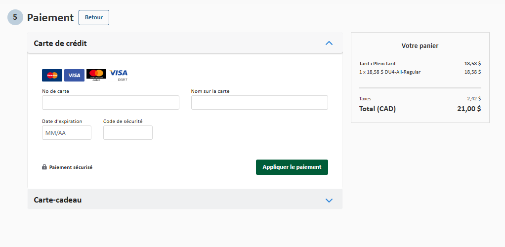 Écran de paiement du processus de paiement