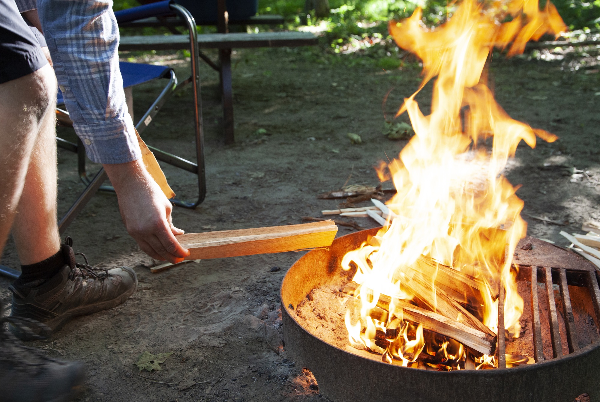 person putting wood into campfire