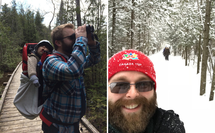 collage of staff looking through binoculars with child on back, staff taking selfie on snowy trail