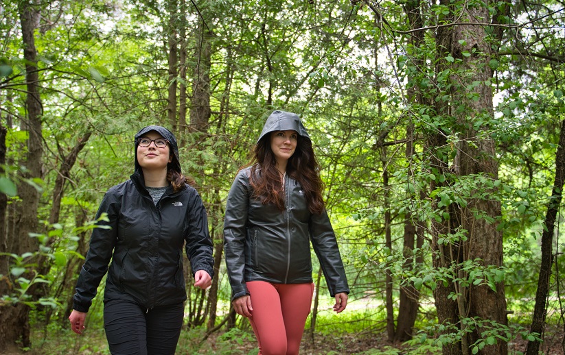 two people walking through forest