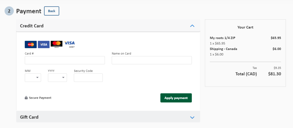 Screenshot of the payment screen of the Ontario Parks online store