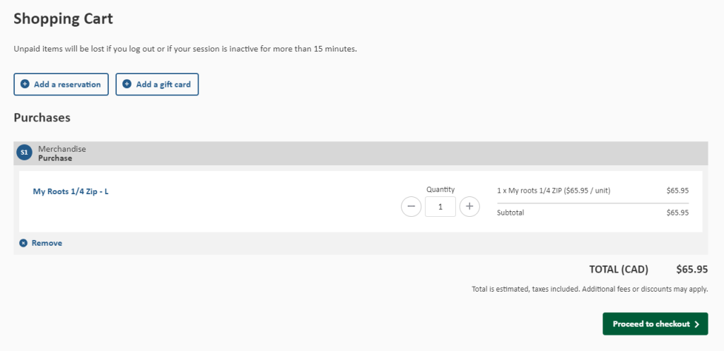 Screenshot of the shopping cart screen of the Ontario Parks online store