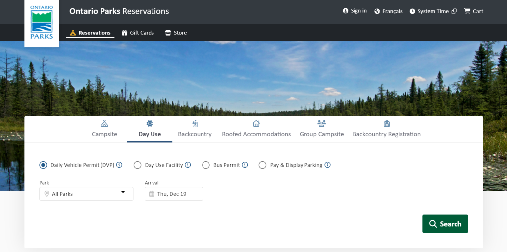 Screenshot of the Ontario Parks Reservation webpage for reserving a daily vehicle permit