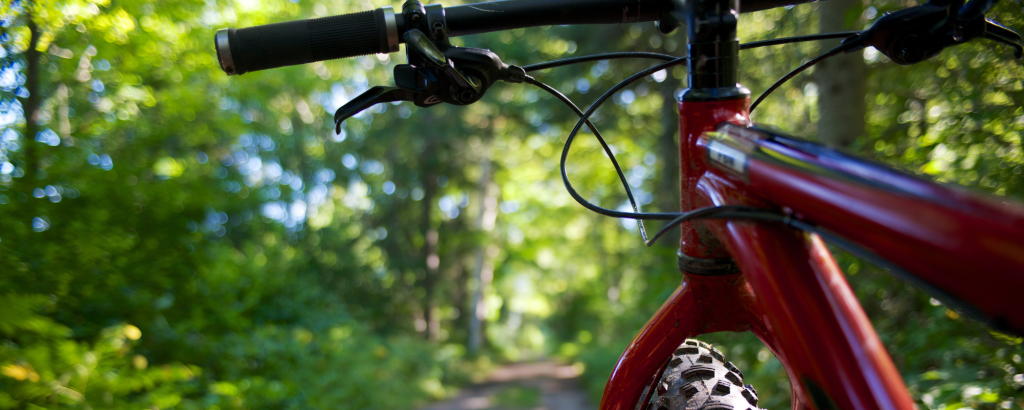 Closeup of red mountain bike on a trail