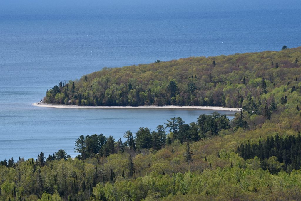 view of forested shoreline along lake from lookout