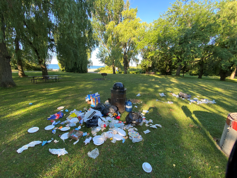 overflowing garbage can in day use area