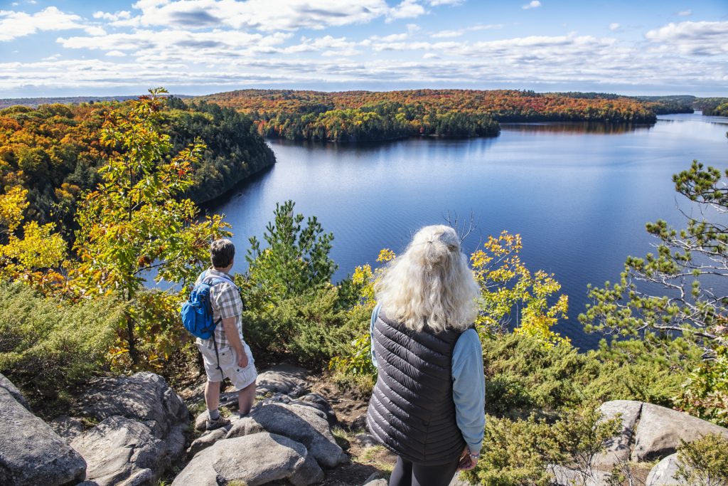 hikers at lookout over lake with surrounding forest dotted with fall colours