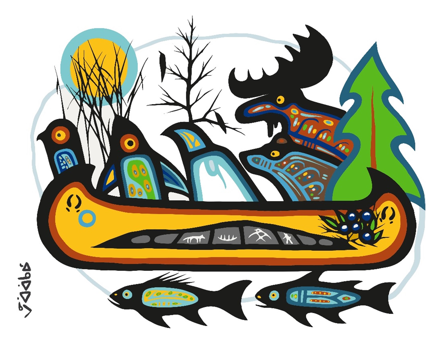 Indigenous art featuring wildlife in and surrounding canoe