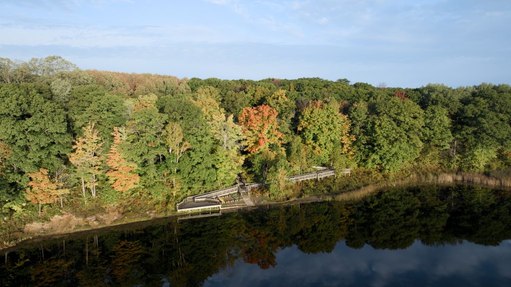 boardwalk and viewing platform beside lake in fall forest