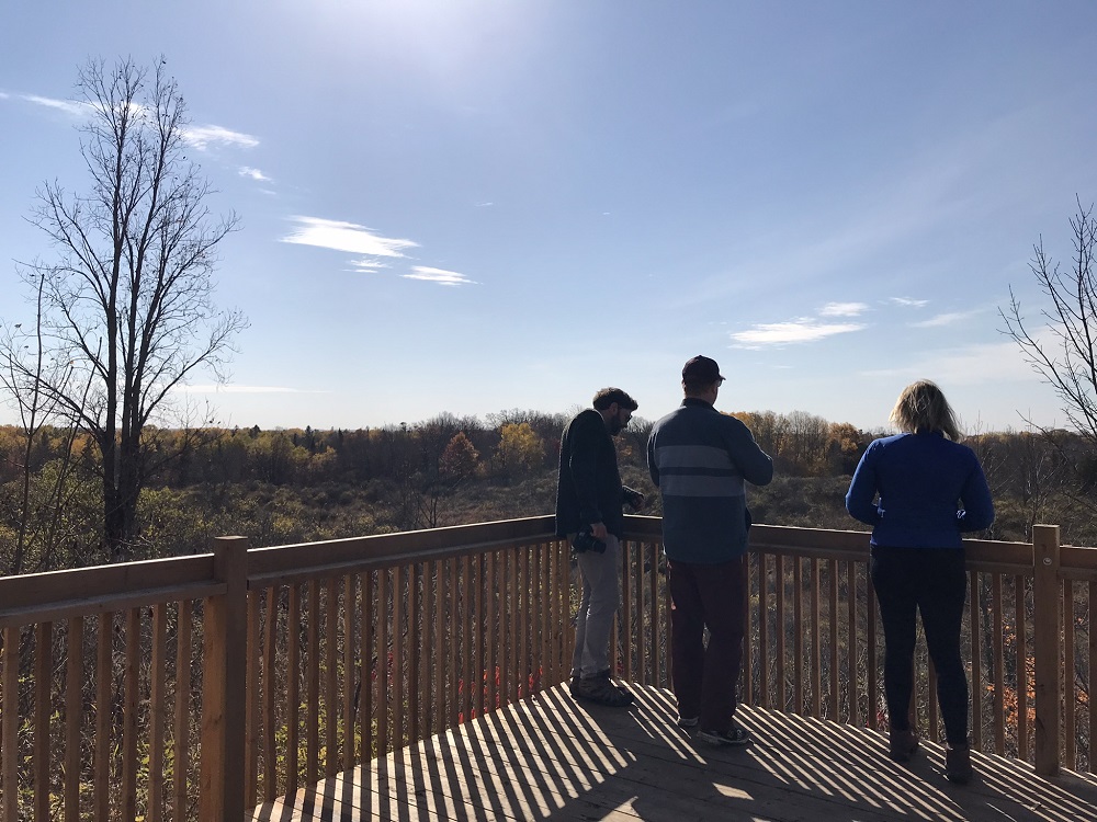 people standing on viewing platform with late fall colours