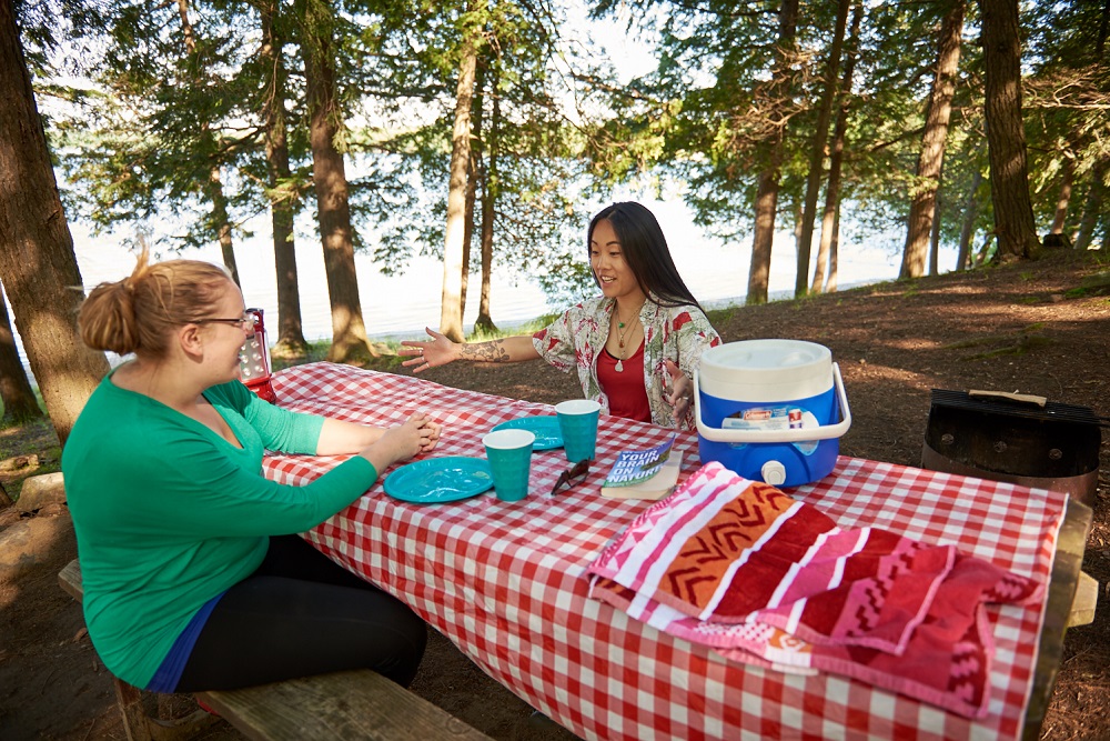 two people sitting at picnic table