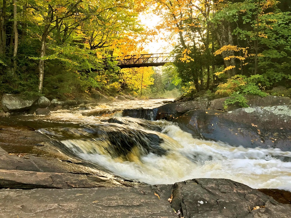 sun setting through yellow and green trees over waterfalls