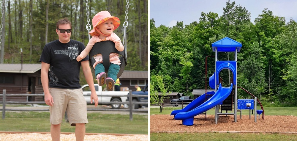 collage of parent pushing child on swing, playground