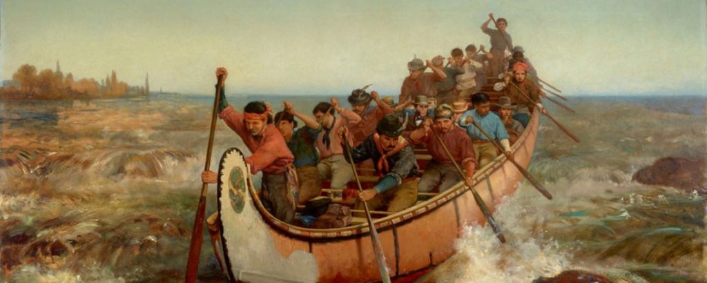 painting of voyageurs paddling in rough waters