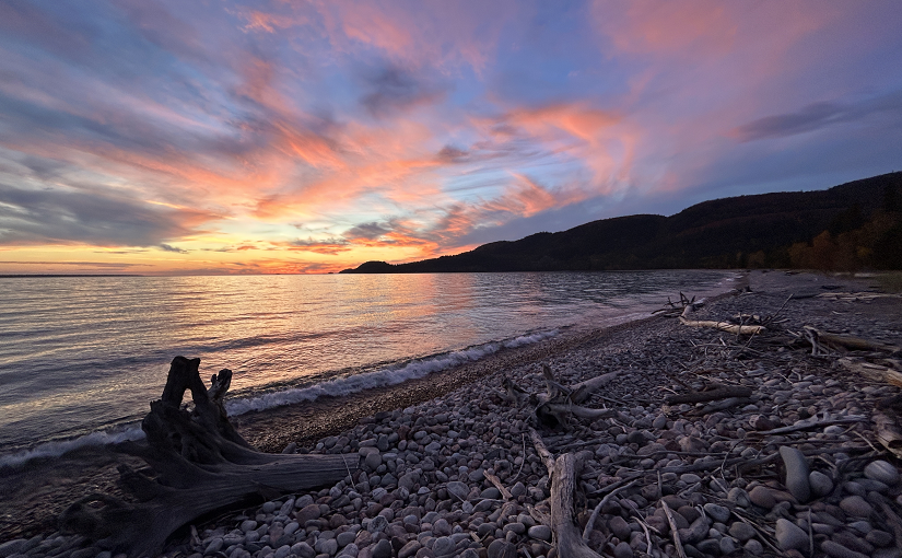 sunset over lake with driftwood