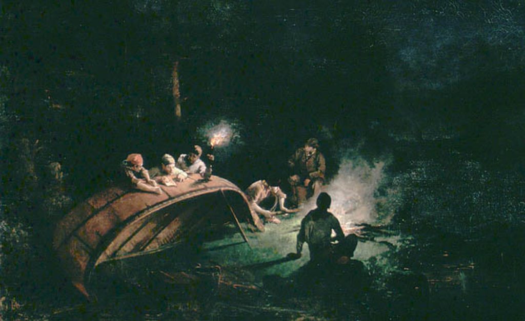 painting of voyageurs resting over overturned canoe at night