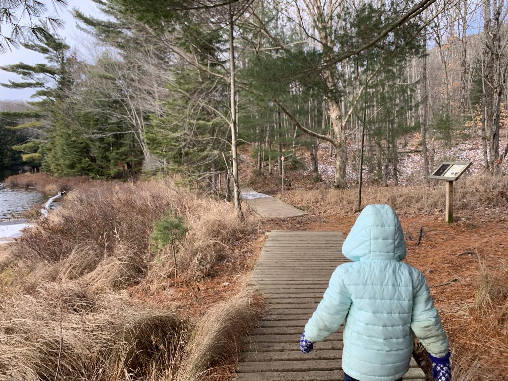 Child hiking on a boardwalk near a body of water in late fall