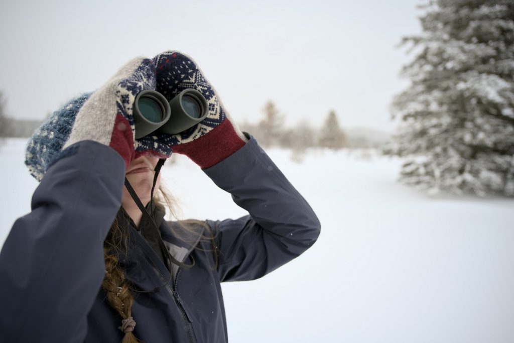 Femme regardant à travers des jumelles en hiver