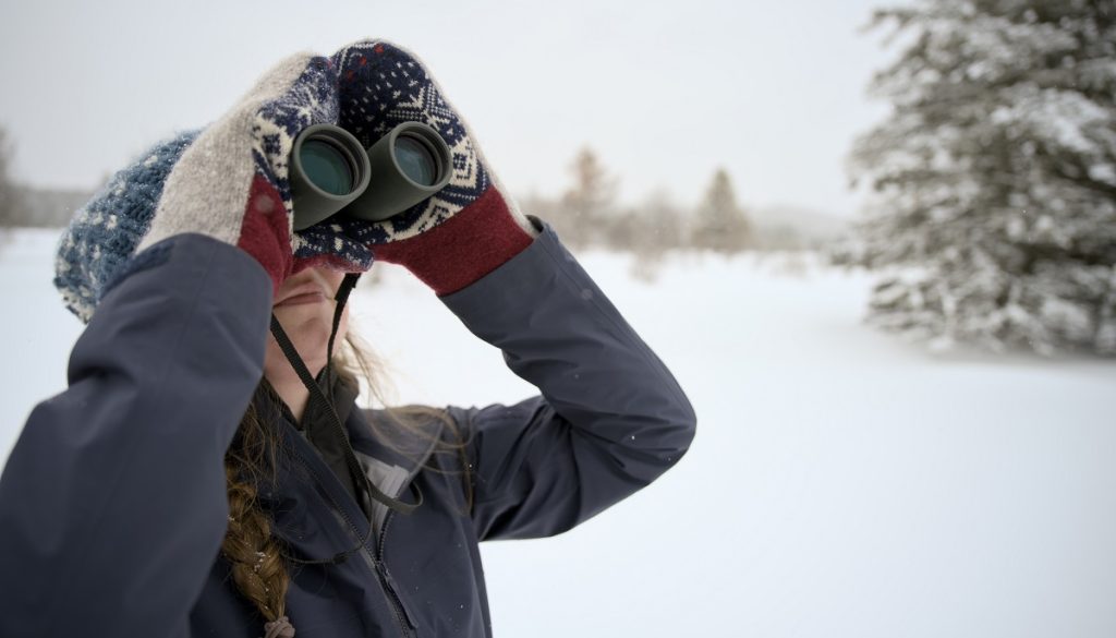 Woman looking through binoculars in winter