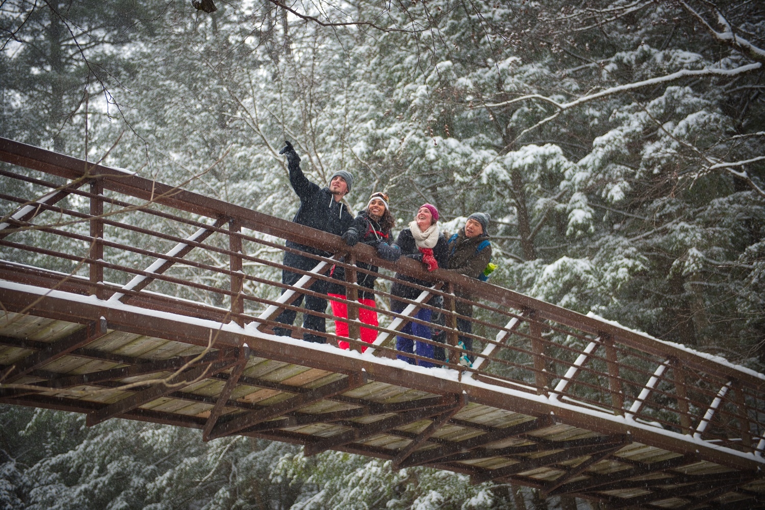 group of visitors taking a selfie on a bridge while it snows