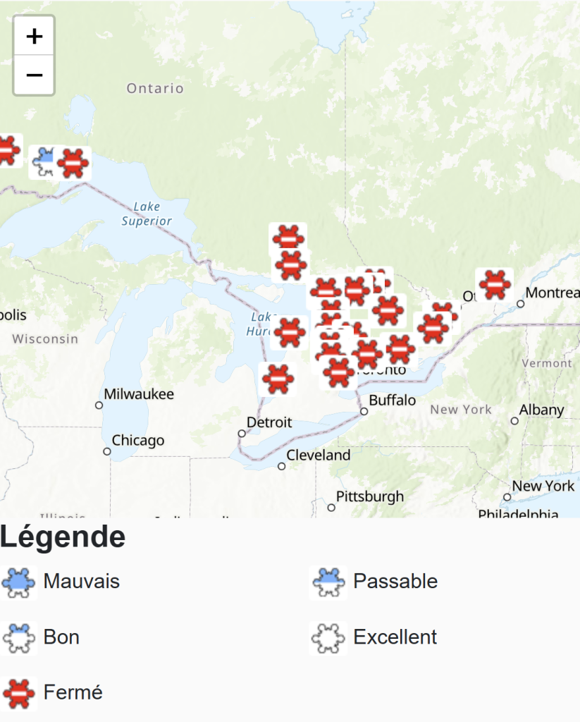 carte de l'Ontario indiquant l'état des pistes de ski de fond et sur d’autres activités hivernales