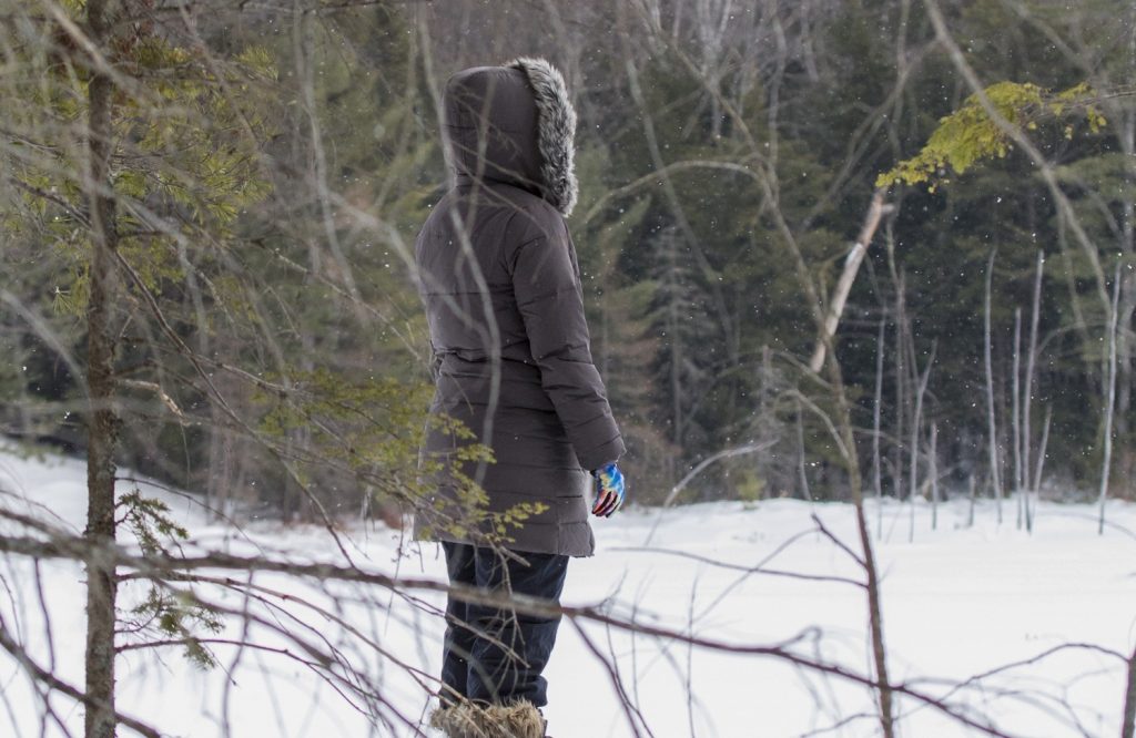 snowshoers standing beside snow-covered pond