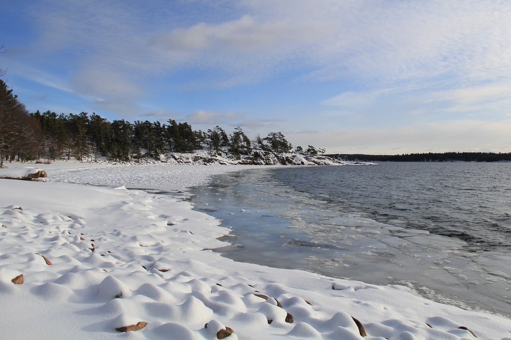 snowy shoreline