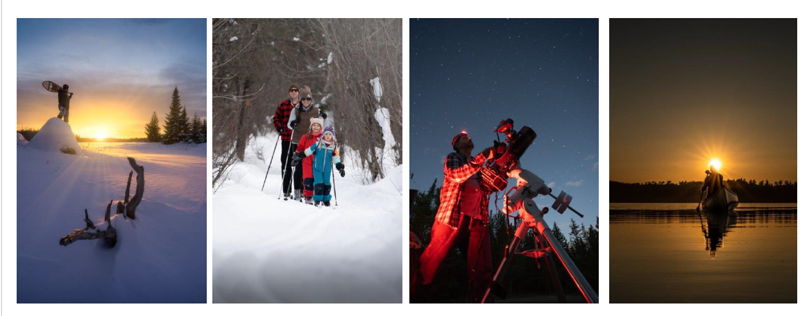 Collage of activities: snowshoeing, skiing, stargazing, canoeing